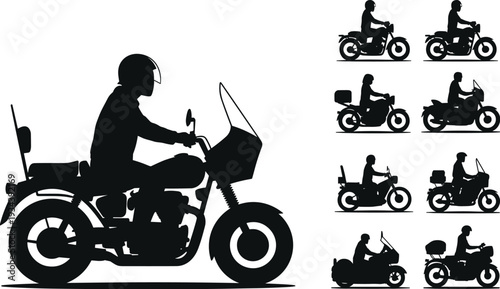 Motorcycle rider silhouettes set isolated on white background, classic and touring motorbike side view collection, urban transportation vector illustration for delivery and travel