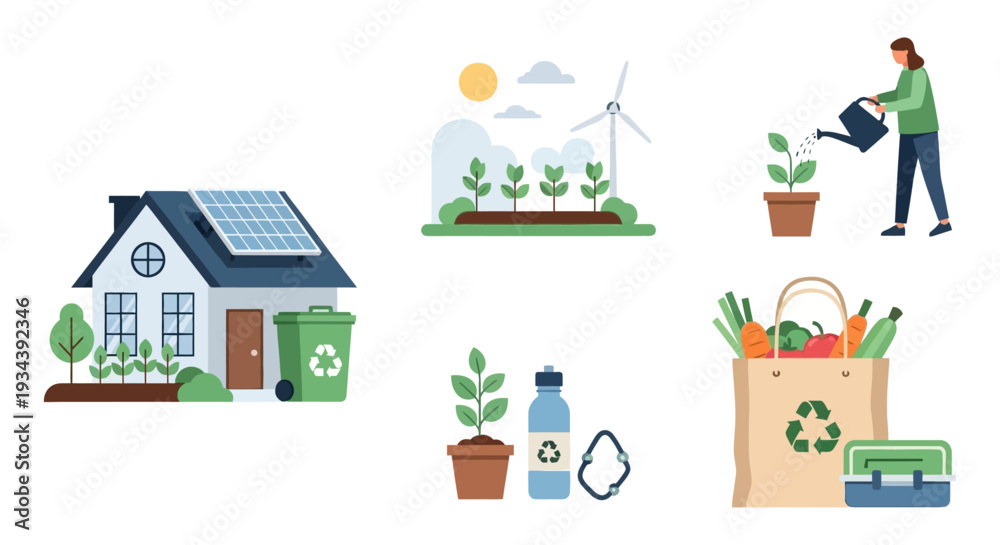 Fototapeta premium Eco-Friendly Sustainable Living: Green Home, Renewable Energy, Recycling, Organic Food, Gardening Flat Icons