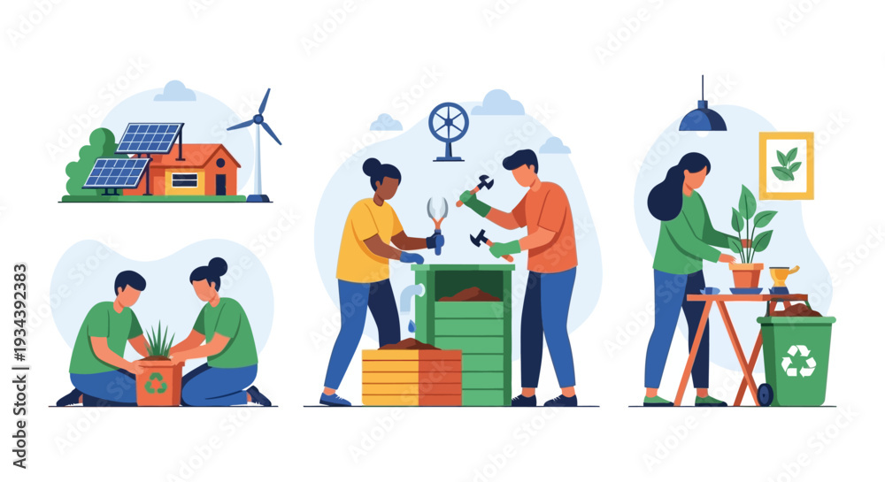 Fototapeta premium Eco-Friendly Living & Sustainable Practices Vector Set: Renewable Energy, Recycling, Composting, and Green Gardening for Environmental Care