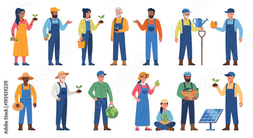 Diverse Farmers and Gardeners Working with Plants and Sustainable Practices - Vector Set