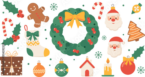 Christmas holiday decoration set flat vector illustration with wreath santa candy cane gingerbread gift candle and festive ornaments