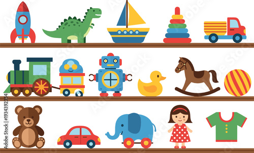 Children toys on shelves flat vector illustration with rocket dinosaur train robot teddy bear car and colorful play items