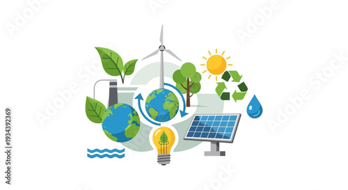 Global Renewable Energy & Sustainable Environment Concept. Eco-Friendly Solutions: Solar, Wind Power, Recycling, and Green Technology for Earth Protection.