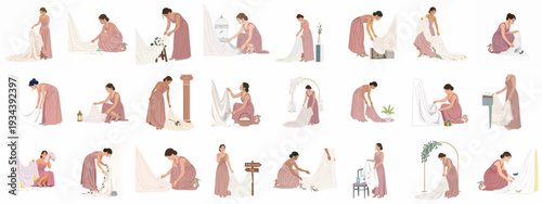 Wedding Day Preparations: A detailed collection of illustrations showcasing a woman in a bridesmaid dress meticulously arranging the bridal gown and various ceremony decorations.