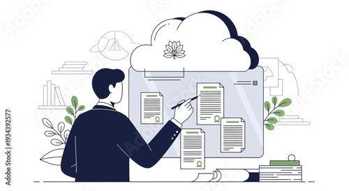 Businessman Approving Documents in Cloud Storage, Digital Workflow Concept