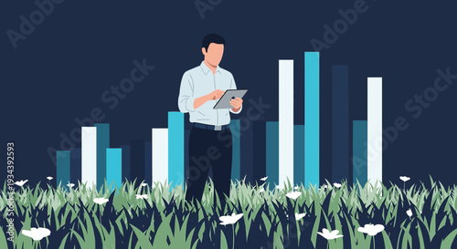 Businessman analyzing financial charts amidst blooming nature and growth concept