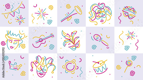 Carnival 2025 handwriten beautiful line design carnival signs symbols elements isolated on abstract light purple white squares background pattern