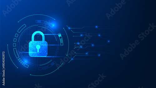 Quantum technology cyber security background featuring a digital lock inside circular interface with circuit patterns, representing advanced encryption, data protection, quantum computing security