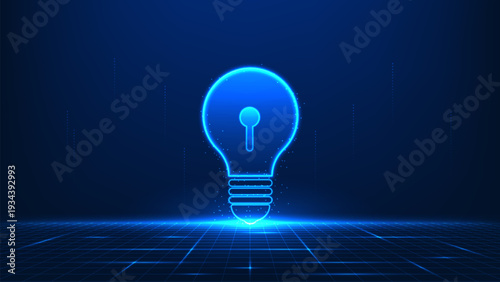 Technology background featuring a light bulb with a keyhole inside, symbolizing energy access, power security, smart energy solutions, innovation unlock, and sustainable technology development.