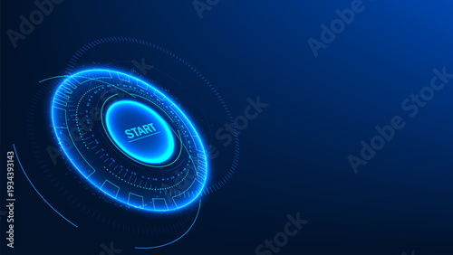 Technology background featuring a glowing start button symbolizing entry into the digital world, continuous innovation, technological advancement, digital transformation, limitless future development.