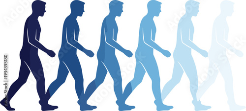 Blue gradient silhouettes of a man walking in a sequence representing progress, motion blur, time passing, evolution, career growth, and forward movement.