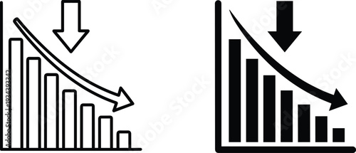 Business Financial Loss Chart Icon with Downward Arrow and Decreasing Bar Graph Representing Economic Recession Market Crash Bankruptcy Failure and Negative Growth Statistics ConceptB