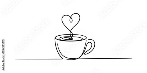 A minimalist continuous line drawing of a steaming coffee cup with a heart-shaped steam plume Vector, illustration