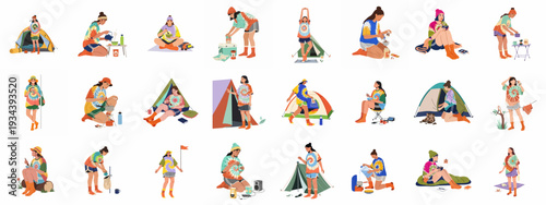 Vibrant Women's Camping Adventures: A collection of diverse women enjoying outdoor leisure, cooking, setting up tents, and relaxing in nature, sporting colorful tie-dye fashion.