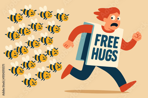 "Free Hugs" Sign Worn by Person Running from Angry Bees Swarm