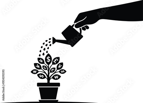 Watering money tree growth concept silhouette vector icon
