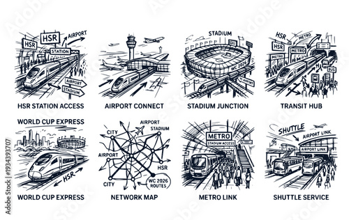Multi-City Transit High-Speed Rail Connecting Airport World Cup Soccer Championship Transportation Infrastructure Stadium Access Vector Set