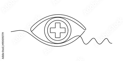A simple line art illustration of an eye containing a medical cross, representing vision health and medical care. Vector, illustration