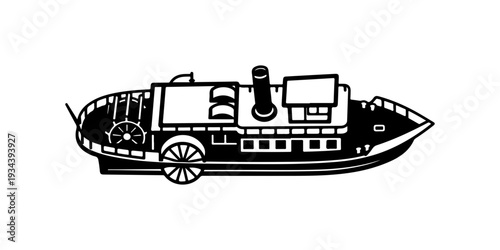 Vintage steamboat, black and white vector, boat illustration, nautical icon