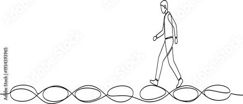 Continuous one line drawing of a man walking on a DNA helix spiral for science biotechnology and personal growth concepts