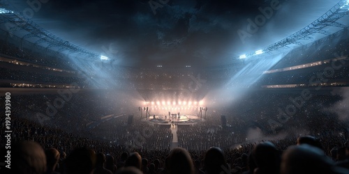 Immersive stadium concert with a massive crowd bathed in dramatic stage lighting