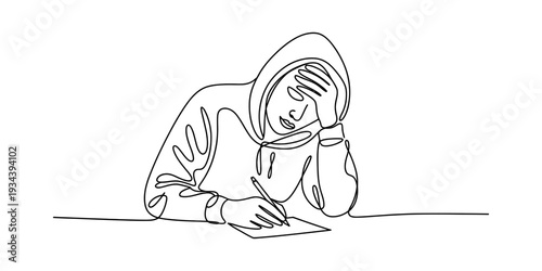 Continuous line art illustration depicting a person in a hoodie experiencing stress during studying or writing. Vector, illustration
