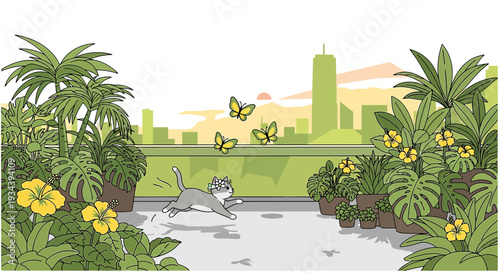 Cat chasing butterflies on a rooftop garden with city skyline at sunset