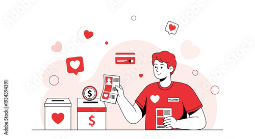 Charity Donation Concept: Volunteer Holding Flyers, Collection Box, Hearts, Credit Card