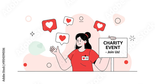 Charity Event Invitation: Join Us! Woman with Hearts and Social Media Likes