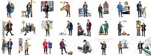 Illustrations of a man enjoying daily life and seasonal holidays in a charming European city, showcasing various activities.