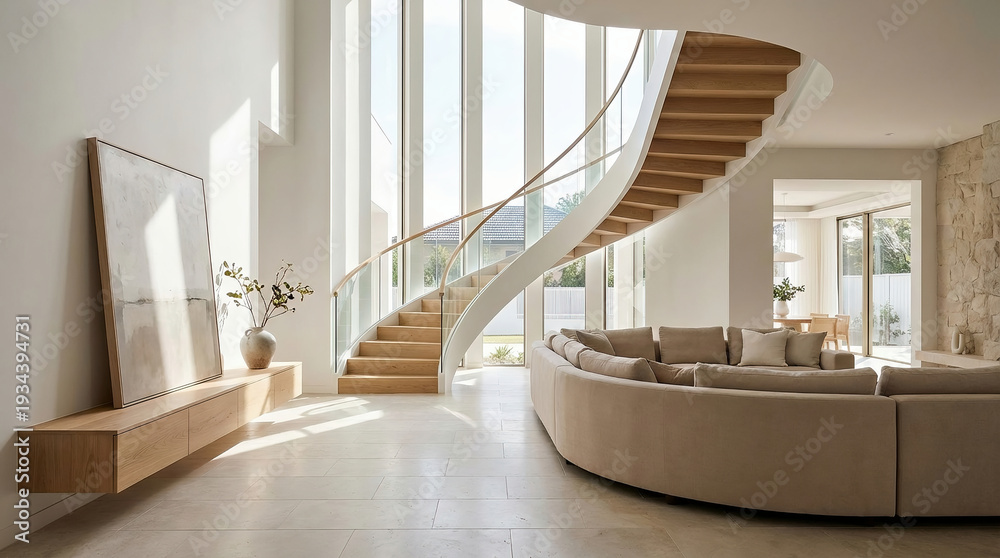 Obraz premium Sunlit Luxury Interior With Floating Wood Staircase and Curved Sectional Sofa 