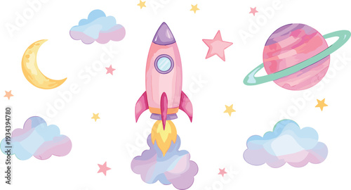 Cute pastel rocket flying through dreamy space with clouds, stars, moon, and planet illustration for kids and nursery