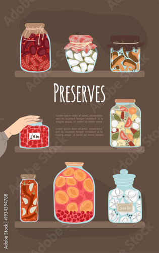 Pantry shelves with homemade canning jars on dark background. A human hand placing a glass jar filled with preserved vegetables. Vertical vector flat illustration