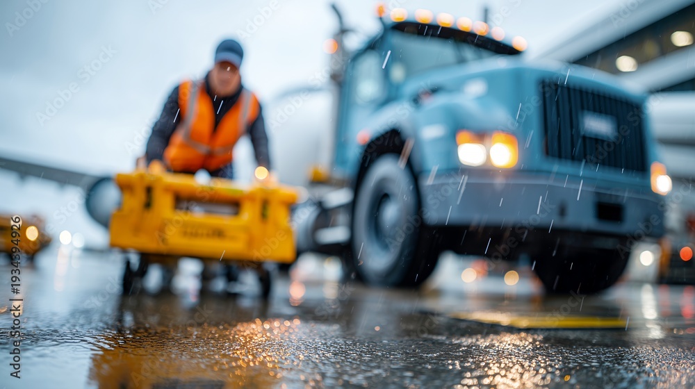 Fototapeta premium Ground Handling Team Loading Freight in Wet Conditions
