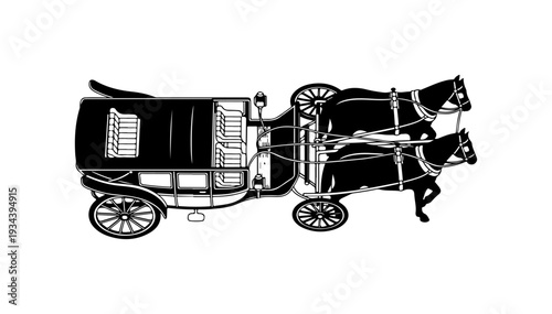 Vintage horse-drawn carriage, black and white illustration, horse carriage vector, classic transportation