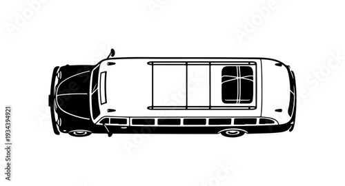 Overhead view, black and white, camper van, motorhome, RV, vector illustration