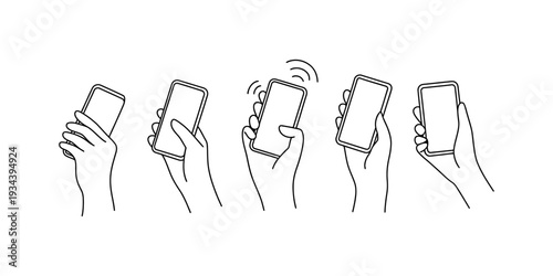 A set of line drawings illustrating various hand gestures and holding positions for a smartphone device. Vector, illustration