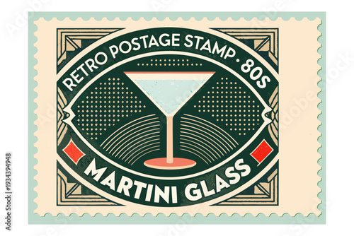 Vintage 1980s postage stamp aesthetic with glowing neon colors, a martini glass surrounded by geometric shapes, and a halftone print effect