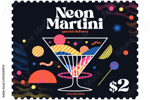 Dark-background retro stamp inspired by the 80s, featuring neon colors, geometric elements, a martini glass, and a halftone texture