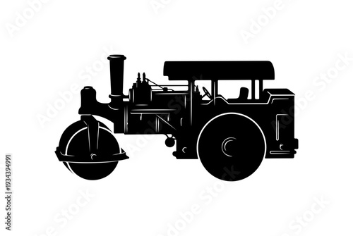 Vintage road roller, steamroller silhouette, black construction vehicle, industrial equipment icon
