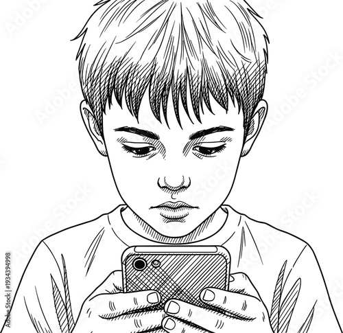 Hand drawn line art illustration of a young boy looking down at a smartphone screen for technology addiction and social media concepts