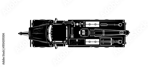 Black truck, vehicle, silhouette, overhead view, transportation, icon, vector graphic