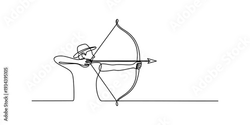A continuous line art drawing of an archer preparing to shoot an arrow from a bow Vector, illustration