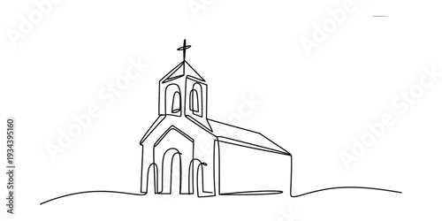 Minimalist continuous line drawing of a small church building with a cross on the steeple against a white background. Vector, illustration