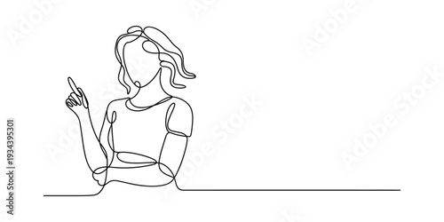 A continuous one-line drawing of a woman pointing her finger upwards on a white background Vector, illustration