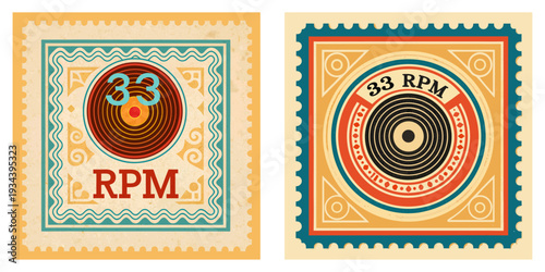 A circular stamp design featuring a spinning record, 33 RPM text, bold primary colors (red blue yellow), worn-out cardboard texture.