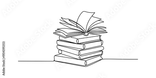A minimalist single-line drawing of a stack of books with one open at the top, representing learning and knowledge Vector, illustration