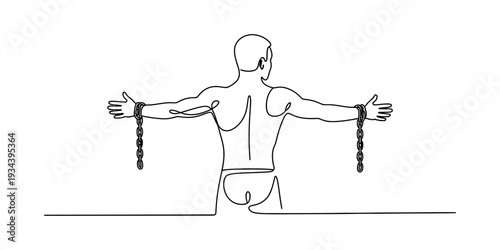 A continuous line drawing of a person seen from behind with arms outstretched, hands chained together, representing captivity or lack of freedom. Vector, illustration