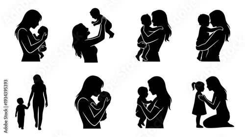 Mother and Baby Silhouettes Parenting and Family Love Vector Icon Set