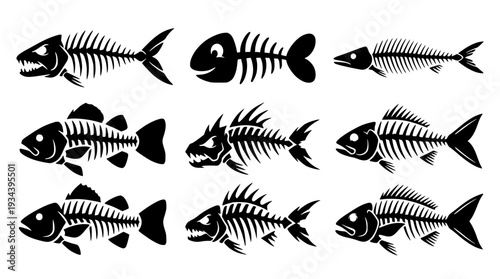 Fish Skeleton Icon Set Fish Bone Silhouette Collection Black Vector Isolated on White